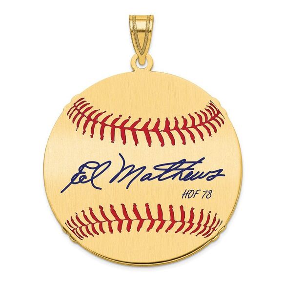 14K Gold Plated Eddie Mathews Signature LG Enamel Baseball Pendant